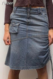 Vintage Grunge Shirring Midi Denim Skirt High Waist Straight Pencil Long Skirts Casual Streetwear Chic Festival