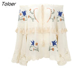 Sexy Off-shoulder Top Vintage Embroidery Blouse Shirt Hollow out Tassel Chic Boho Tops Loose Casual Women Shirts