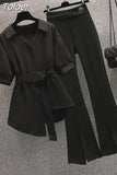 New Elegant Women's Pants Set Personalized Chiffon Shirt Top Black Trousers Two Piece Set Female
