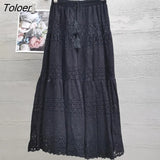 Boho Elegant White Long Skirt Women Hook Flower Hollow Folds Hem High-waisted Skirts Casual Holiday Female Clothes
