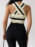Spring White V-neck Sleeveless Stripes Crop Top