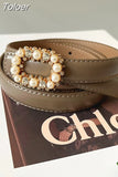 Fashion Women's PU Leather Belt Diamond Decoration Pearl Dress Belt Solid Color Belts All Season 2023 Trend New