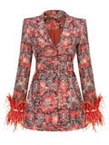 Fashion Women Blazer Notched Collar Covered Button Sashes Long Sleeve Spliced Feather Suit Jackets Autumn 2023 New