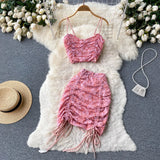 Lace Drawstring Women Summer Set 2022 Ruched Zipper Elastic Top Sexy Vacation Party Club Mini Skirt Two Piece