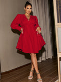 Size Curved Hem Puff Sleeve Deep V