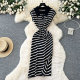 Chic Summer Dress Niche Retro Polo Collar Short-Sleeved Striped Dress Female Waist Temperament Open Long
