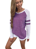 Fashion New Summer Hit-Colored Stripe Splicing Long-Sleeved T-Shirt Round Collar Top