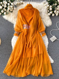 VAREY LIN New Summer Holiday Style Dress Women Casual V-neck Embroidery Girdle Dress Lady Fashion A-line Long