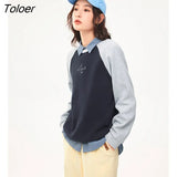 Women Fleece Sweatshirt 2022 Winter Long Sleeve O Neck Loose Hoodie Two-color Stitching Warm Casual Streetwear