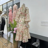 French Gentle Print Collar Lantern Sleeve Single Buckle Lotus Side Waist Dress With Belt