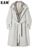 Women Gray Color-block Big Size Trench New Lapel Long Sleeve Loose Fit Windbreaker Fashion Tide Spring Autumn 2023