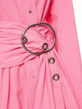 Fashion Women's Shirt Dress Lapel Single Breasted Long Sleeve Metal Buckle Belt Pink Mini Dresses Summer 2023 New