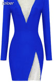 New Arrival Bandage Dresses Black Long Sleeve O Neck Long Sleeve Beading Sexy Party Club Celebrity Elegant Women