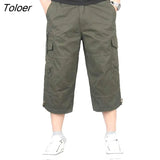 Men Solid Color Breathable Pocket Loose Straight Capri Cropped Pants