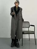 Women Gray Brief Big Size Long Trench New Lapel Long Sleeve Loose Fit Windbreaker Fashion Tide Spring Autumn 2023