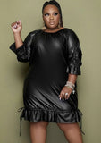 Black Leather 3/4 Sleeves Ruffles Plus Size