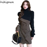 Vestidos De Mujer Fashion Korean Dresses Women Patchwork Knit Irregular Hollow Out Dress Turtleneck Temperament Robe