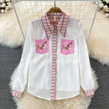 2023 Fashion Runway Summer Skirt Suit Women's Horse Geometry Print Blouse And A Line Pocket Buttons Skirt 2 Two Piece