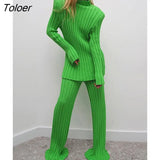 Knitted Turtleneck Striped Women Sweater Two Piece Set Green Long Sleeve Casual Set Women Autumn Warm Slim Partywear