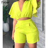 Piece Sets Womens Outifits Summer Lounge V-Neck Flutter Sleeve Crop Top & Shorts Set Fashion Multicolor Casual