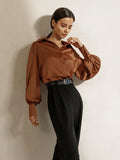 Fashionable Young Ladies Shirt Vintage Women Brown Blouses Long Sleeve Office Tops Lapel Classic Oversize