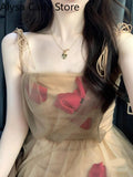 Party Vintage Floral Strap Dress Women Sexy Backless Evening Party Fairy Dress Femme 2022 Spring High Street Korean Beach Casual