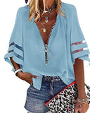 Zipper Half Bell Sleeve Mesh Solid Color Stitching Loose Casual Women's