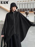Black Drawstring Big Size Irregular Jacket New Stand Collar Batwing Sleeve Women Coat Fashion Spring Autumn 2023