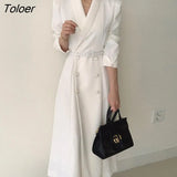 Elegant White Dress Women 2023 Spring Double Breasted Notched Neck Vestido Dress Female Long-sleeve Women Clothing