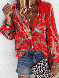New Design Plus Size Women Blouse V-neck Long Sleeve Chains Print Loose Casual Shirts Womens Tops And
