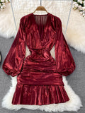 Women Sexy Draped Mini Dress Green/Red/Yellow Metal Color V-Neck Puff Long Sleeve High Waist Ruffle Hem Vestidos New