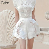 Desert Vacation Lace 2 Piece Sets Women Hook Flower Hollow Elegant Party Tops + Wide Leg Shorts Ladies Sleeveless