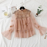 Women Tops Fashion Sexy Sheer Lace Blouse Lantern Sleeve 3D Floral Blouses Shirts Elegant Top Blusas