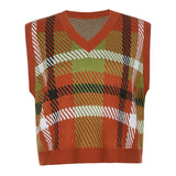 Y2K Checkered Sweater Vest Women Plaid Casual Sleeveless Knitted Vests Ladies Preppy Style V Neck Pullover