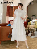 New Summer Temperament All-match O-neck short sleeve Dress waist slim multi-layer Ruffles cake