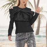 Toloer 2024 New Splice Bow Small Design Sense Black Long-Sleeved T-Shirt Female Careful Machine Off The Shoulder Coat-Outfit