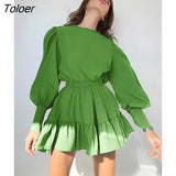 Lantern Sleeve Vintage Dress Long Sleeve O-Neck Casual Women Ruffle Dress Short Mini Pleated A-Line Frill Dress
