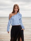 Toloer 2024 New Retro Wash Do Old Off-The-Shoulder Design Sense Denim Jacket Female Niche Design Sense Jacket-Outfit