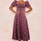 Dress Women Flroal Printed Maxi Dresses Short Puff Sleeve Drawstring Ruched Party High Split Vestidos Long Sexy