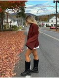 2025 Fashion Casual Red V-Neck Collar Waist Sweater Knitted