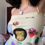 Japanese Kawaii Cat Printed Camisole Y2k Aesthetics Harajuku Tank Top Irregular Girls Cute Cami Tops Backless Halter