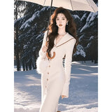 Gentle Rice White Open-Fork Knitted Dress Women Autumn And Winter New Hot Girl Temperament Long