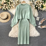 Beading Knitted Women Sets Loose Long Sleeves Sweater+ Solid Elastic Dress French Style Casual Two Piece