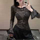 2025 New Sweet Girl Lace Splicing Bow Long-Sleeved T-Shirt Girl Body One-Word