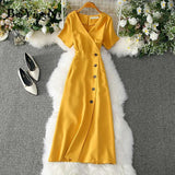 Office Ladies Dress Elegant Buttons Casual Slim Slim Vintage Romance Party Women Dress Red Pink Yellow Vestidos