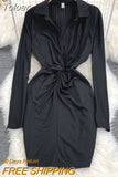 Women Dress 2023 New Spring Fashion Solid Turn down Collar Long Sleeve Twist Front Empire Folded Mini Party Bodycon Dress