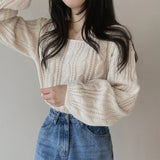 Solid Color Lantern Sleeve Square Collar Sweater-Outfit