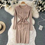 Pocket Fashion Women Sweater Dress V Neck Chain Long Sleeve Bodycon Dress Female Elastic Solid Warm Knitted