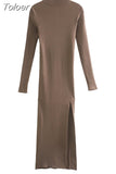 MODA 2023 Women Chic Fashion Front Slit Sheath Knit Midi Dress Vintage High Neck Long Sleeve Female Dresses Vestidos