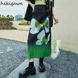 Skirts for Women 2023 Faldas Mujer De Moda High Waist A-line Loose Print Long Jupe Fashion Folds Split Pleated Chic
